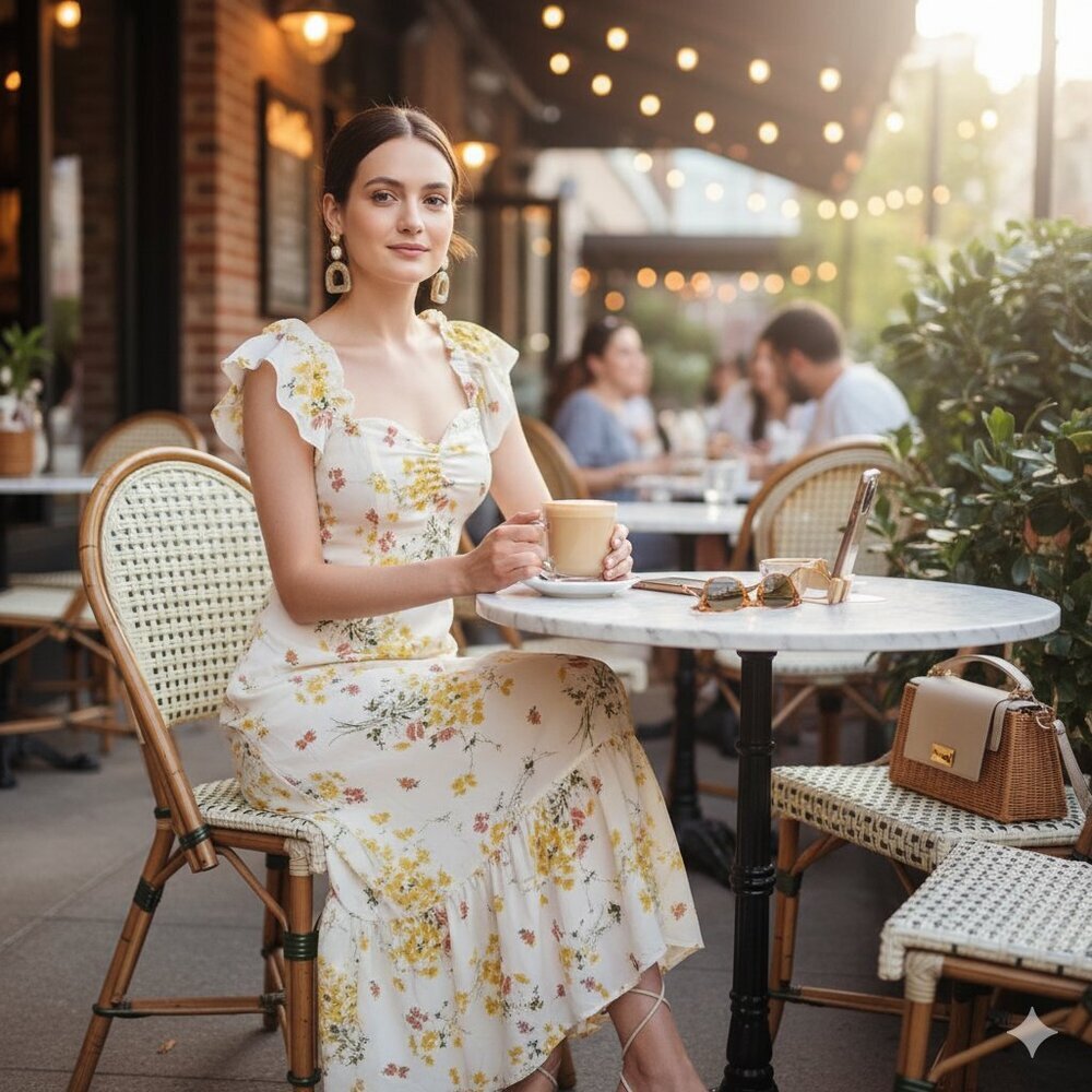 J.ING Cream Floral Maxi Dress with Yellow & Green Accents